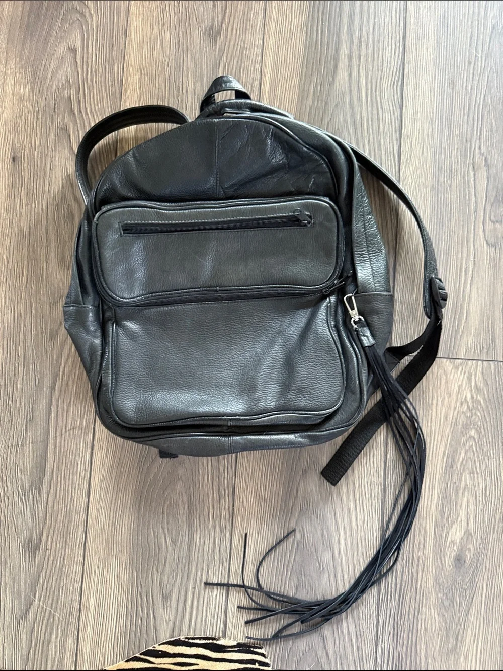 Vintage black genuine leather Backpack with removable Fringe full size
